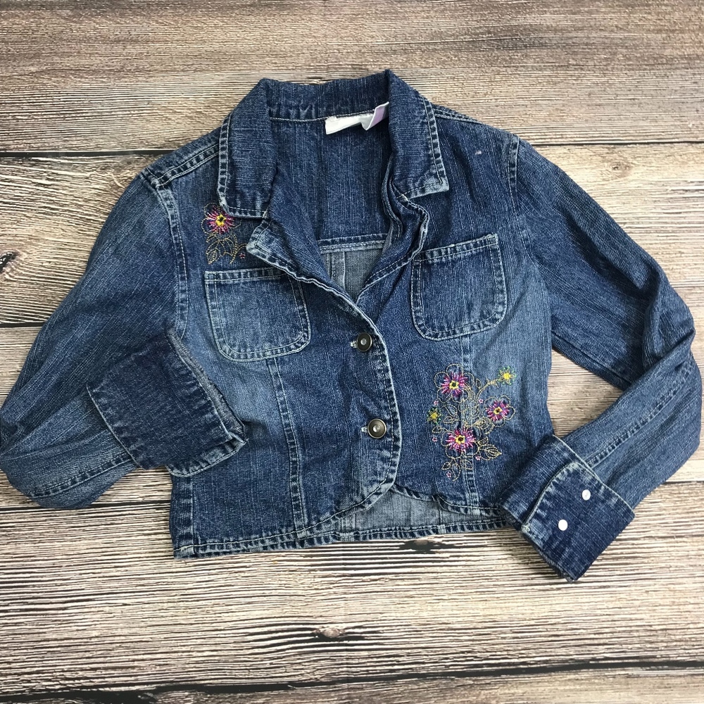 Girl Connection Denim Floral Stitched Jean Jacket